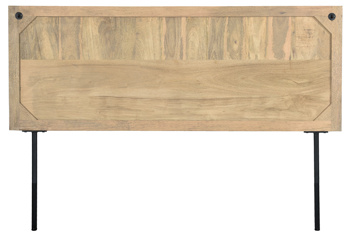 Bettkopfteil aus massivem Mangoholz mit Gravuren und schwarzem Metall B160 cm MORISSON