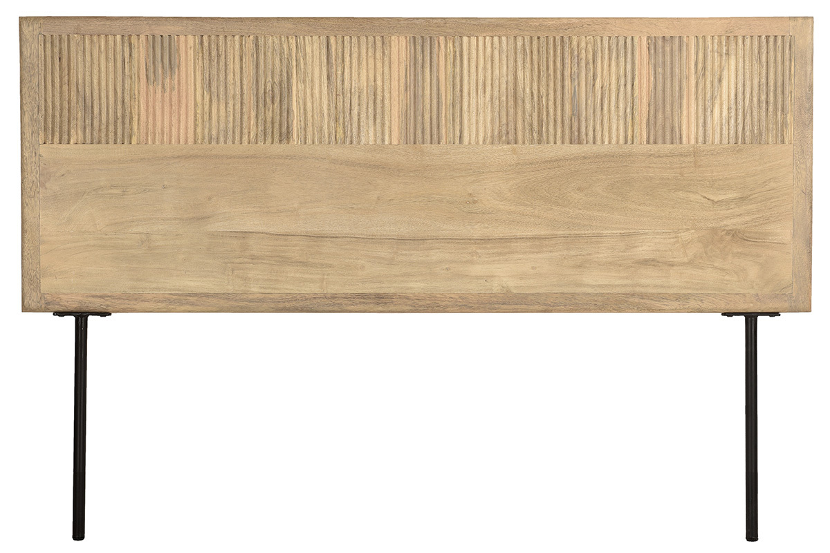 Bettkopfteil aus massivem Mangoholz mit Gravuren und schwarzem Metall B160 cm MORISSON