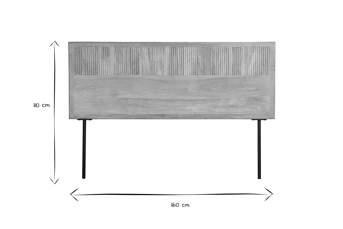 Bettkopfteil aus massivem Mangoholz mit Gravuren und schwarzem Metall B160 cm MORISSON