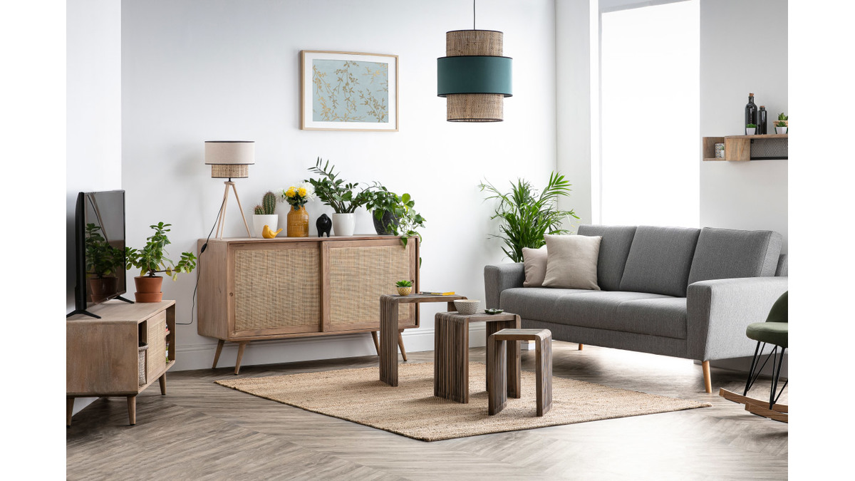 Bimaterial Hngelampe Jute und graublaues Gewebe D40 cm CHILL