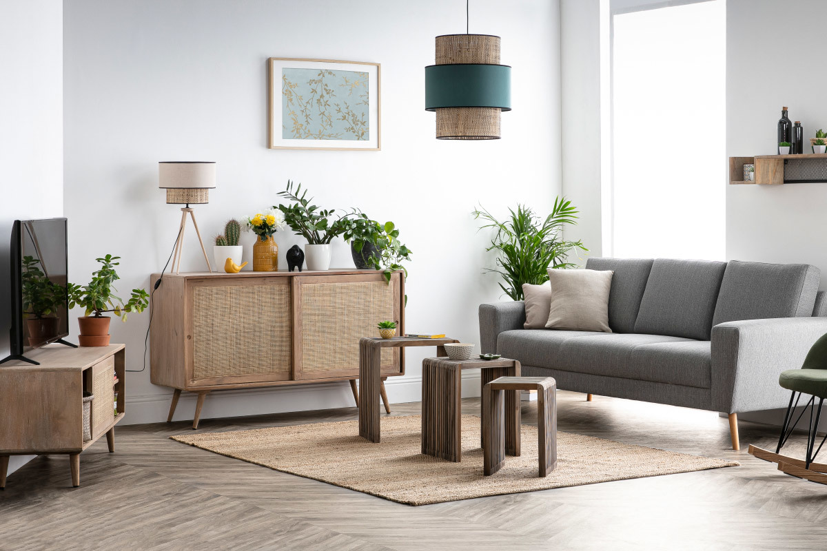 Bimaterial Hngelampe Jute und graublaues Gewebe D40 cm CHILL
