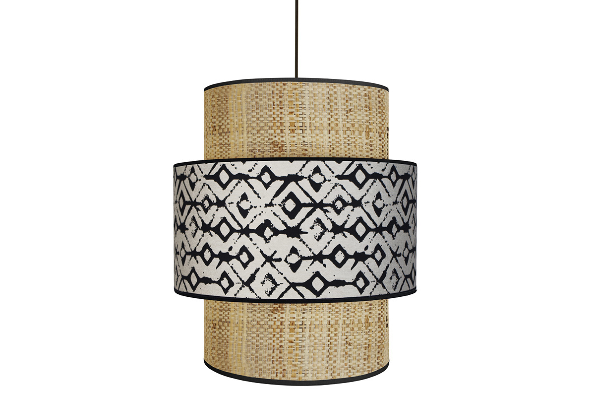 Bimaterial Hngelampe Jute und schwarzem beigem Tribal-Stoff D40 cm CHILL