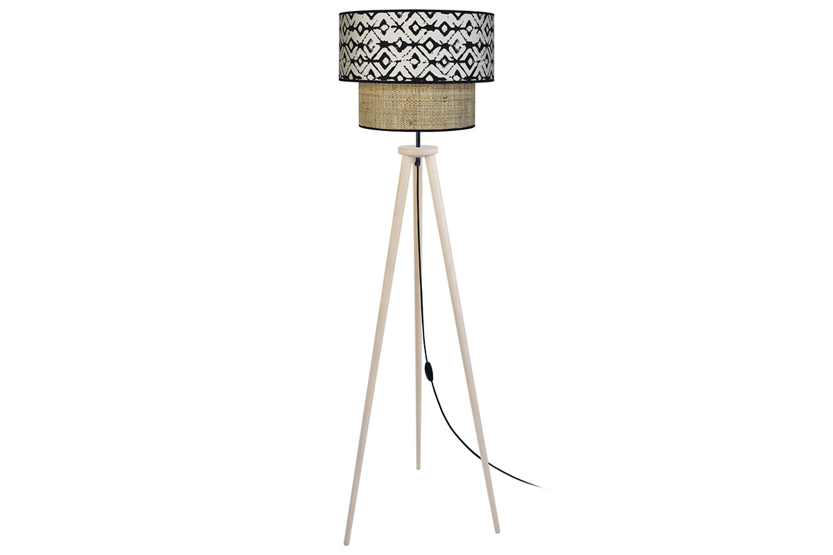 Bimaterial Hngelampe Jute und schwarzem beigem Tribal-Stoff D40 cm CHILL