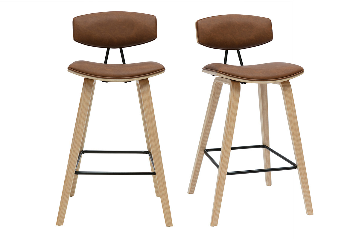 Braune und helle Holzdesign-Barhocker H69 cm (Set von 2) VASCO