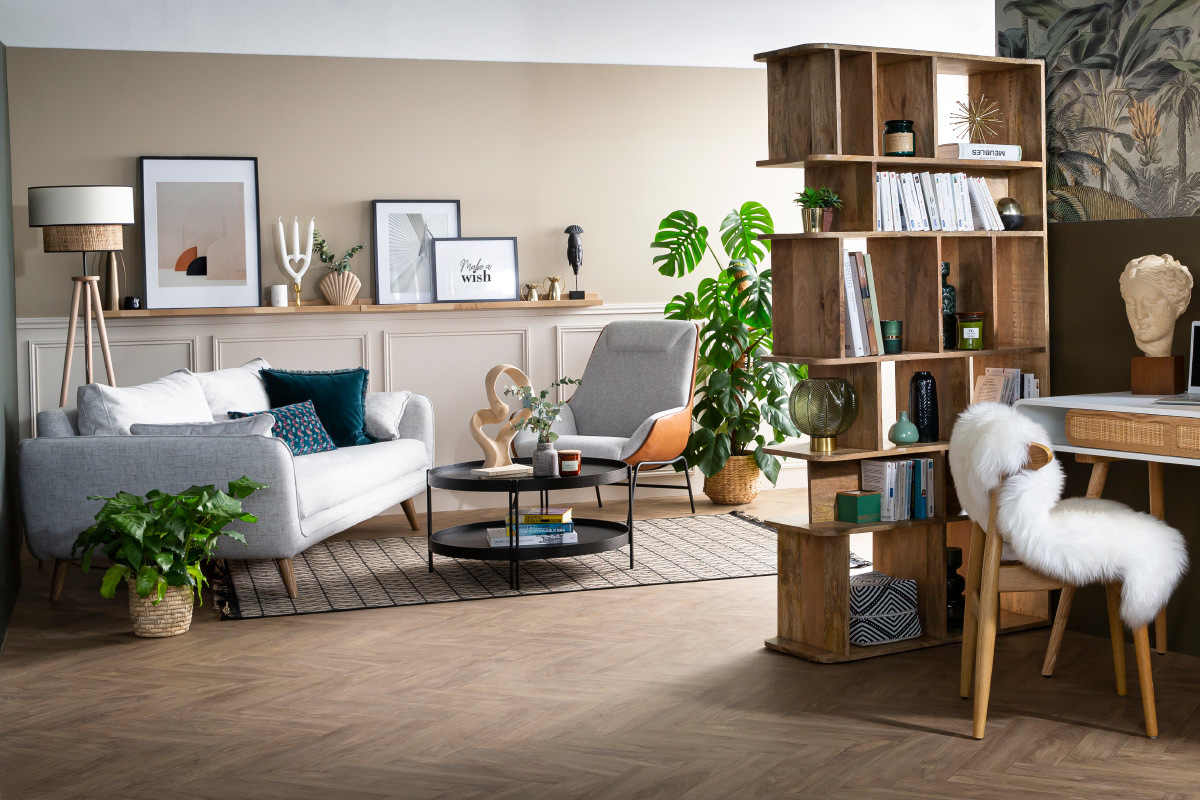 Brauner Designersessel mit grauem Samteffekt-Stoff MARCEAU
