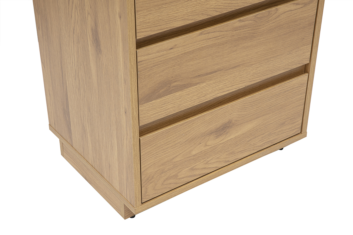 Helle Holzbibliothek mit Schubladen, Draufsicht.