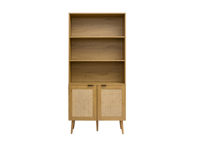 Bücherregal mit heller Holzoberfläche, Rattan und schwarzem Metall-Finish L90 MANILLE