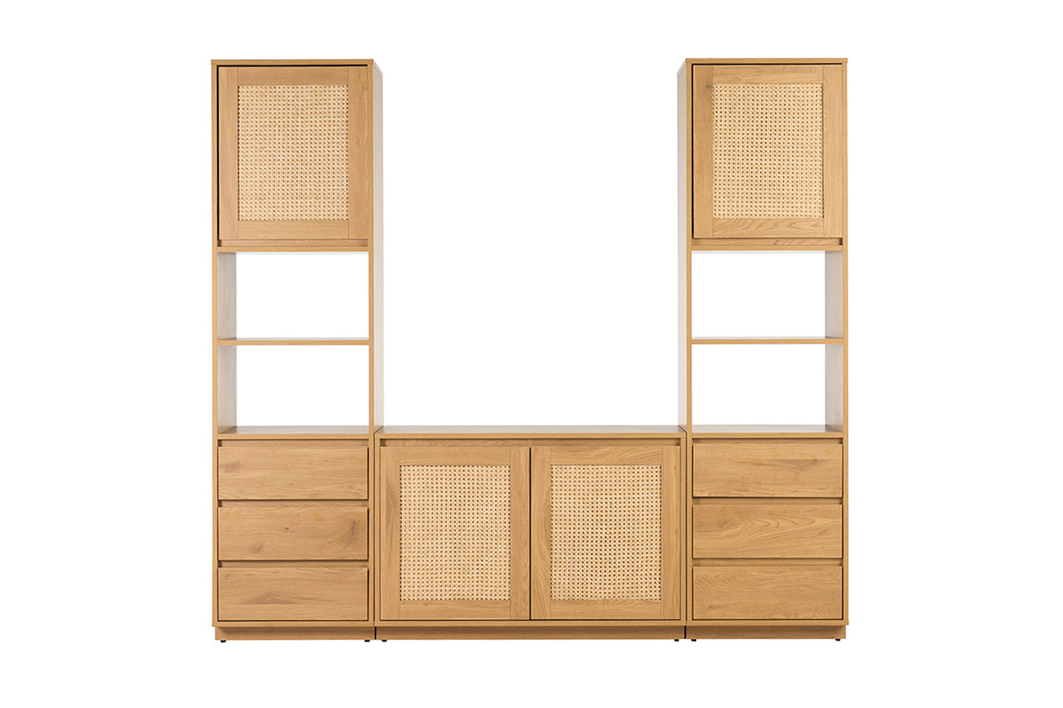 Helles Holzbibliothek mit Schubladen und Rattangeflecht, Frontansicht, Modell SEVILLE.