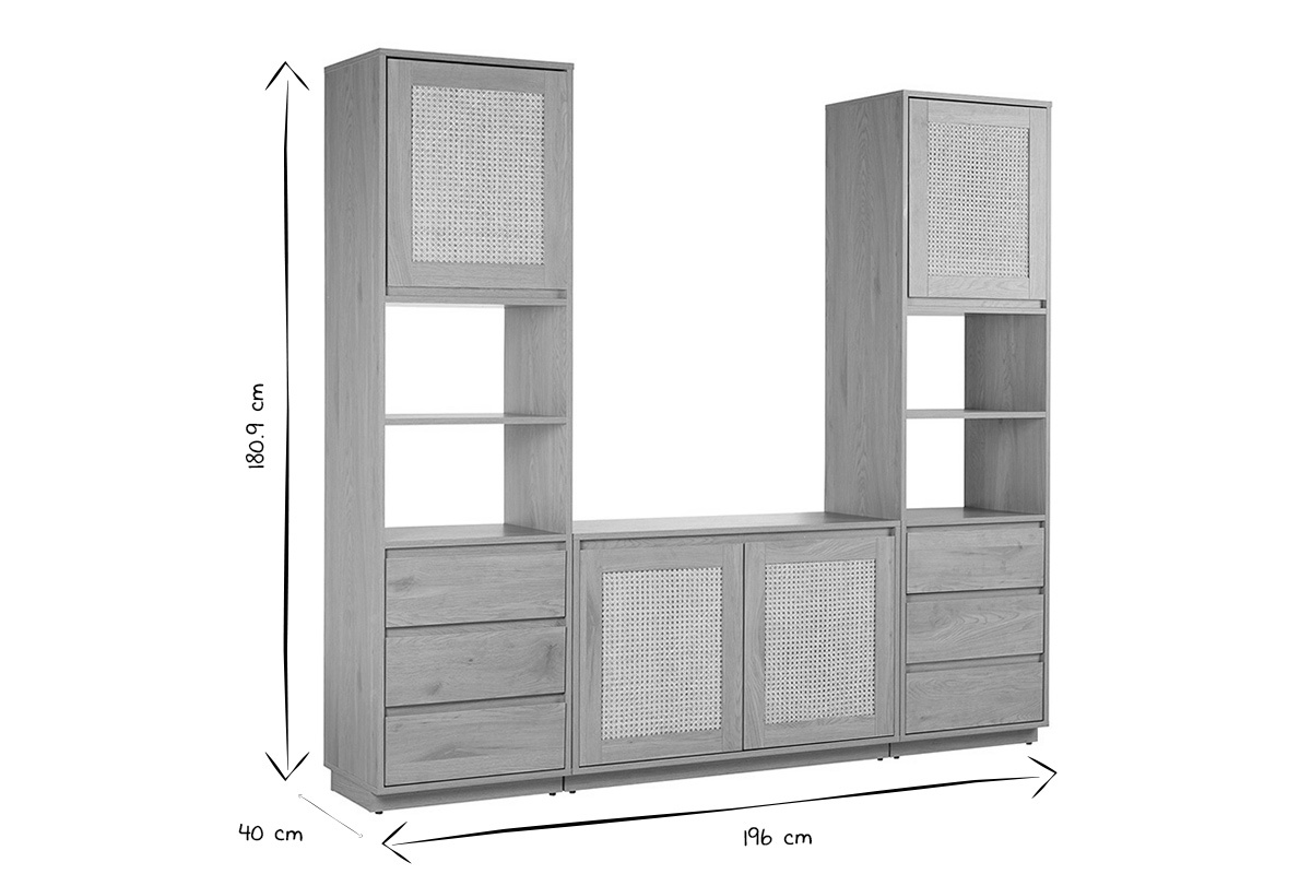 Ma�e des SEVILLE B�cherregals in Schwarz und Wei�, H�he 180,9 cm, Breite 196 cm, Tiefe 40 cm.