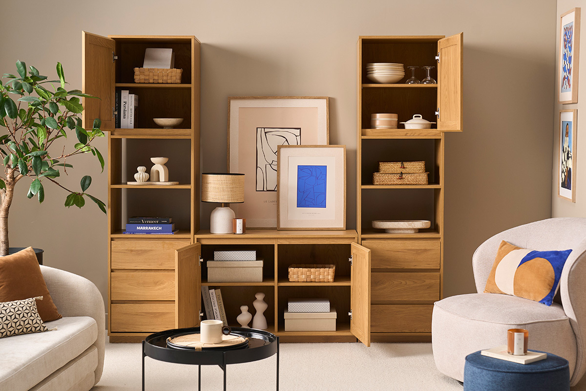 B�cherregal mit Lagerung, Licht Eichenholz Finish und Rattan Geflecht L196 cm SEVILLE