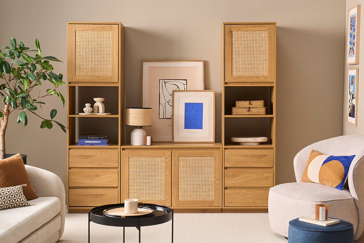 B�cherregal mit Lagerung, Licht Eichenholz Finish und Rattan Geflecht L196 cm SEVILLE