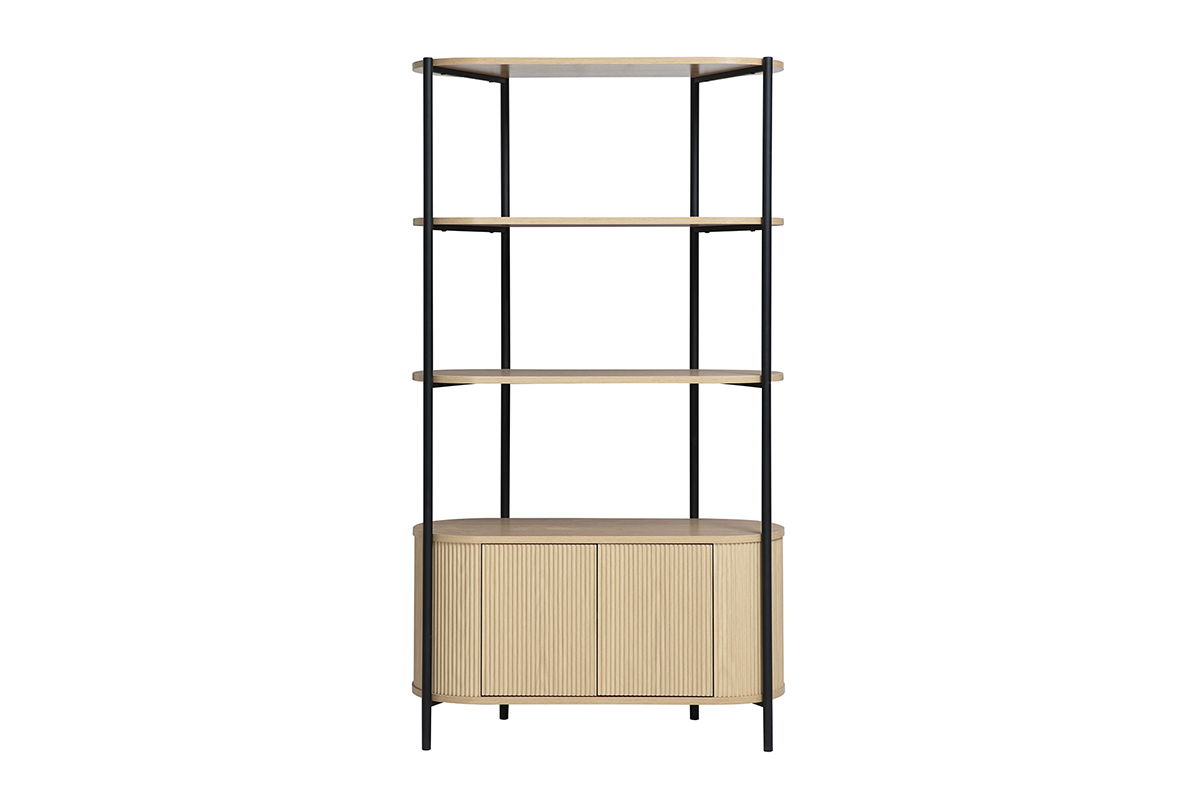 ZORA-B�cherregal aus schwarzem Metall und hellem Holz, Frontansicht mit drei Regalb�den und einem abgerundeten Kasten unten.
