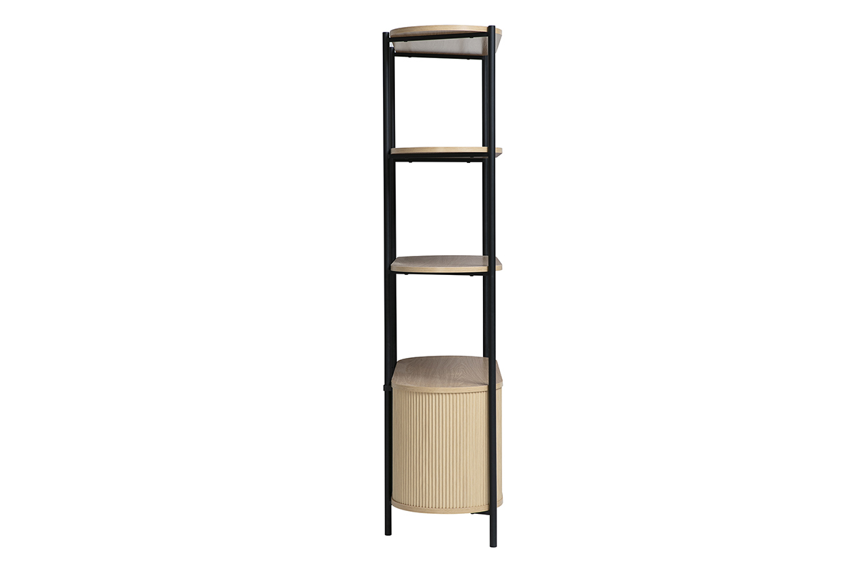 ZORA-B�cherregal aus schwarzem Metall und hellem Holz, Seitenansicht mit drei Regalb�den und niedrigem Korpus