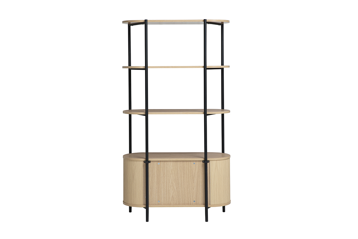 ZORA-B�cherregal aus hellem Holz und schwarzem Metall, R�ckansicht, mit drei offenen Regalb�den und abgerundetem Korpus