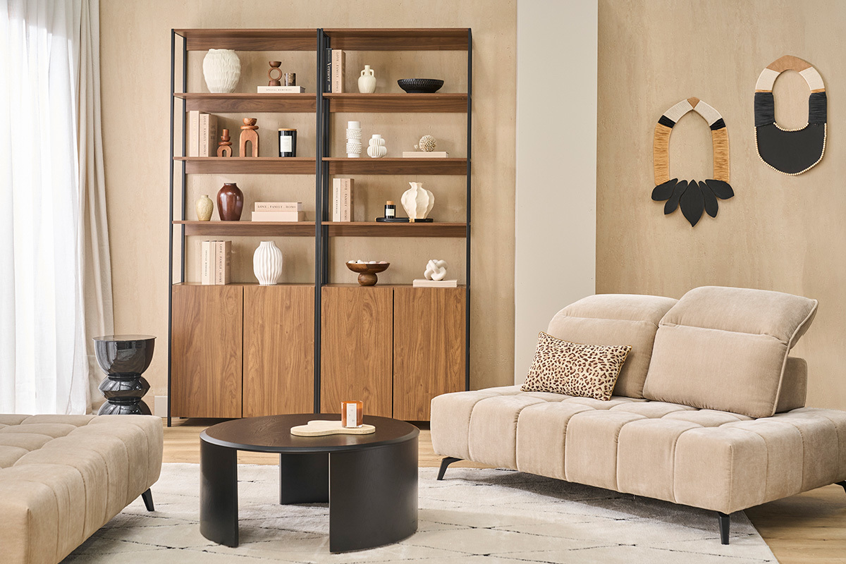 B�cherregal mit Stauraum in dunkler Walnussholz-Finish und schwarzem Metall L80 cm MAXENCE
