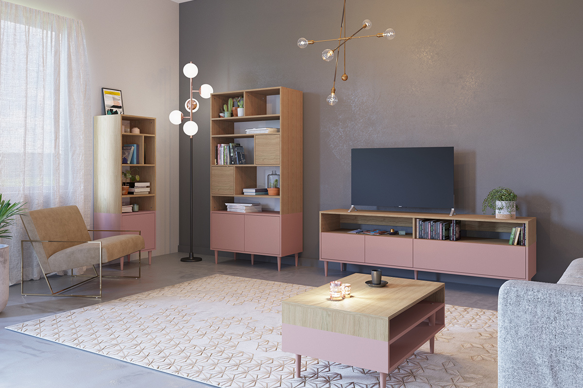 B�cherregal skandinavisch 10 F�cher Holz und rosa STRIPE