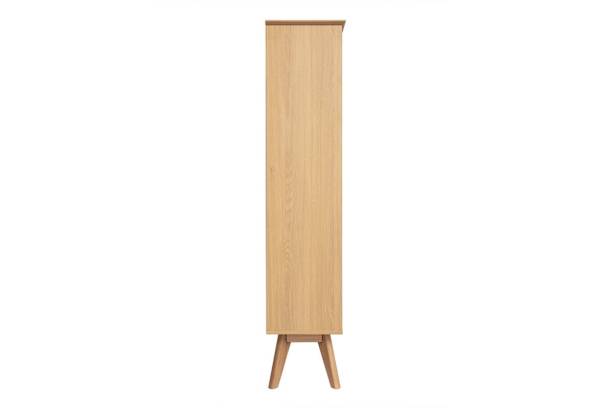 Skandinavisches B�cherregal aus hellem Holz mit seitlicher Ansicht und schr�gen Beinen.