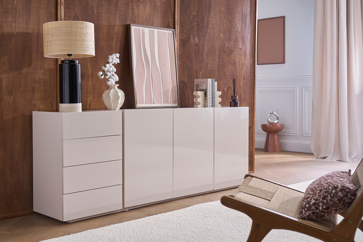 Buffet beige gl�nzend 3 T�ren 4 Schubladen L200 cm ISAURE