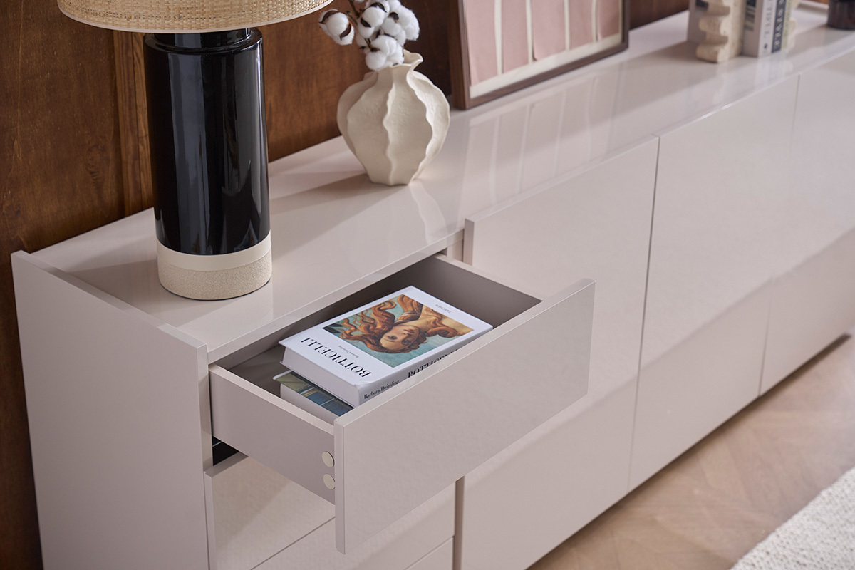 Buffet beige gl�nzend 3 T�ren 4 Schubladen L200 cm ISAURE