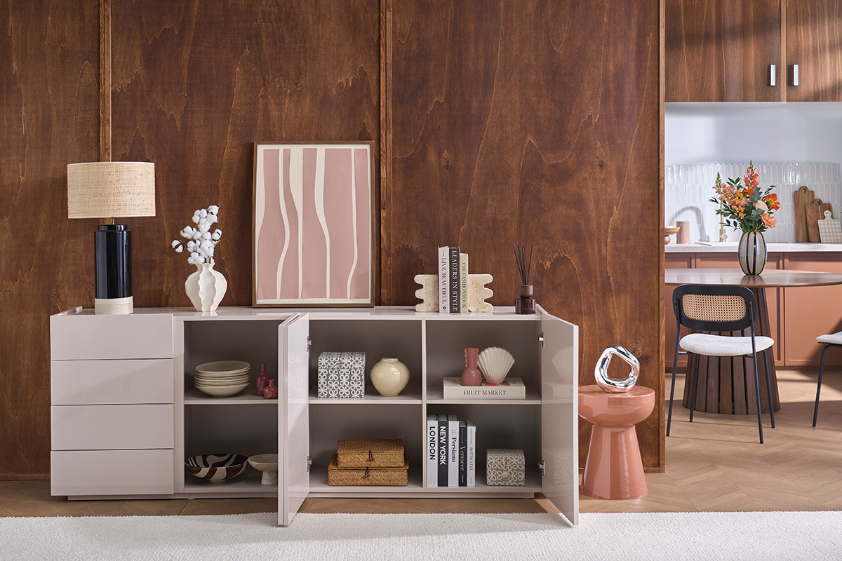 Buffet beige gl�nzend 3 T�ren 4 Schubladen L200 cm ISAURE