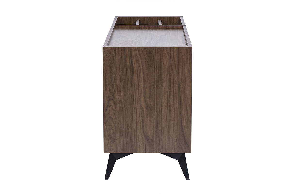 Buffet aus dunklem Holz mit Walnuss-Finish, Seitenansicht, Beine aus schwarzem Metall.