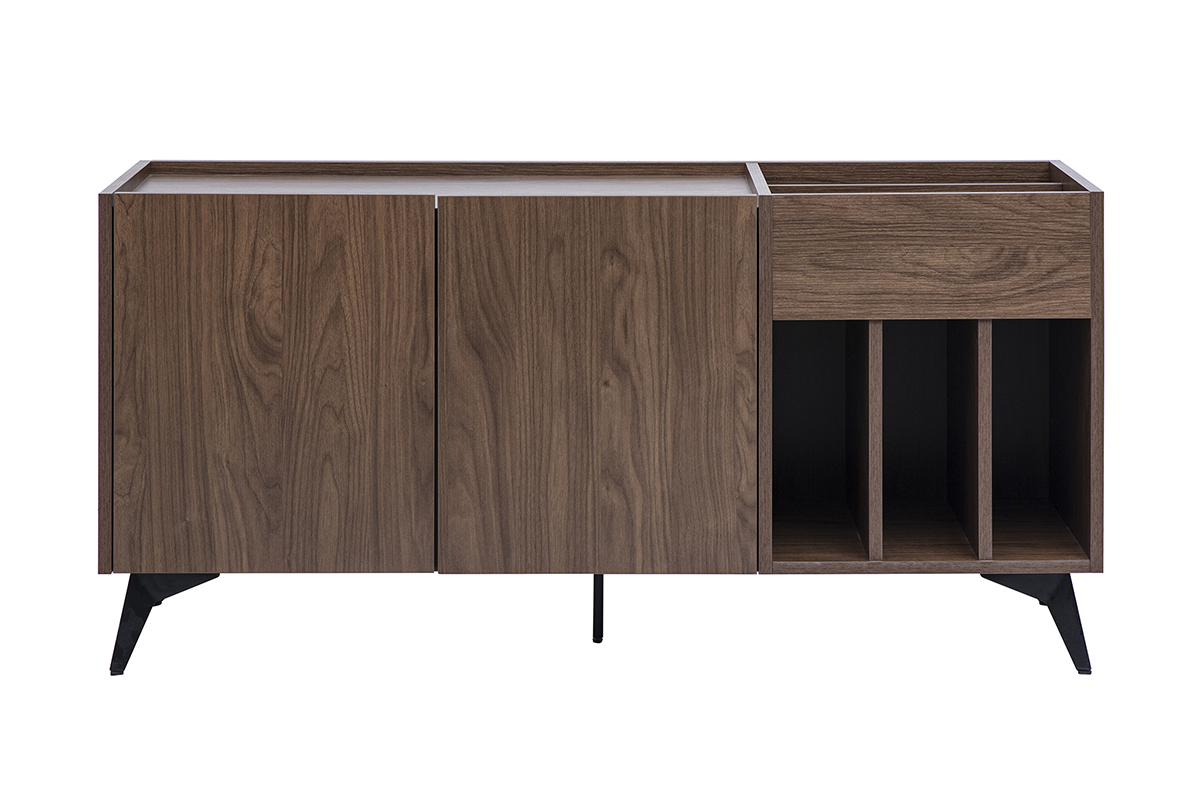 Plattenspieler-Sideboard aus Holz mit Walnuss-Finish, schwarze Metallf��e, Frontansicht.