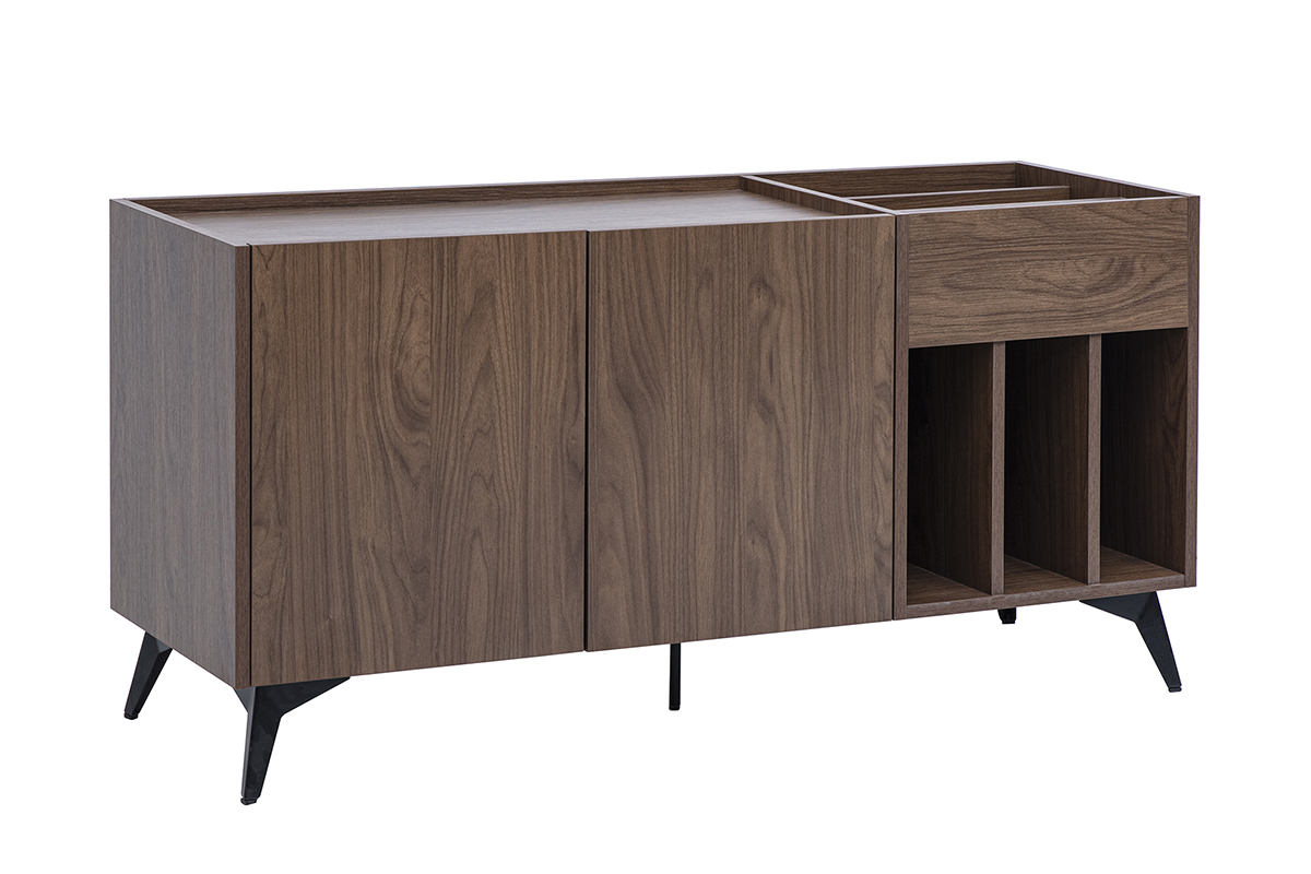 Dunkles Holz Sideboard mit Walnuss-Finish und schwarzem Metall, dreiviertel Ansicht, L140 cm.
