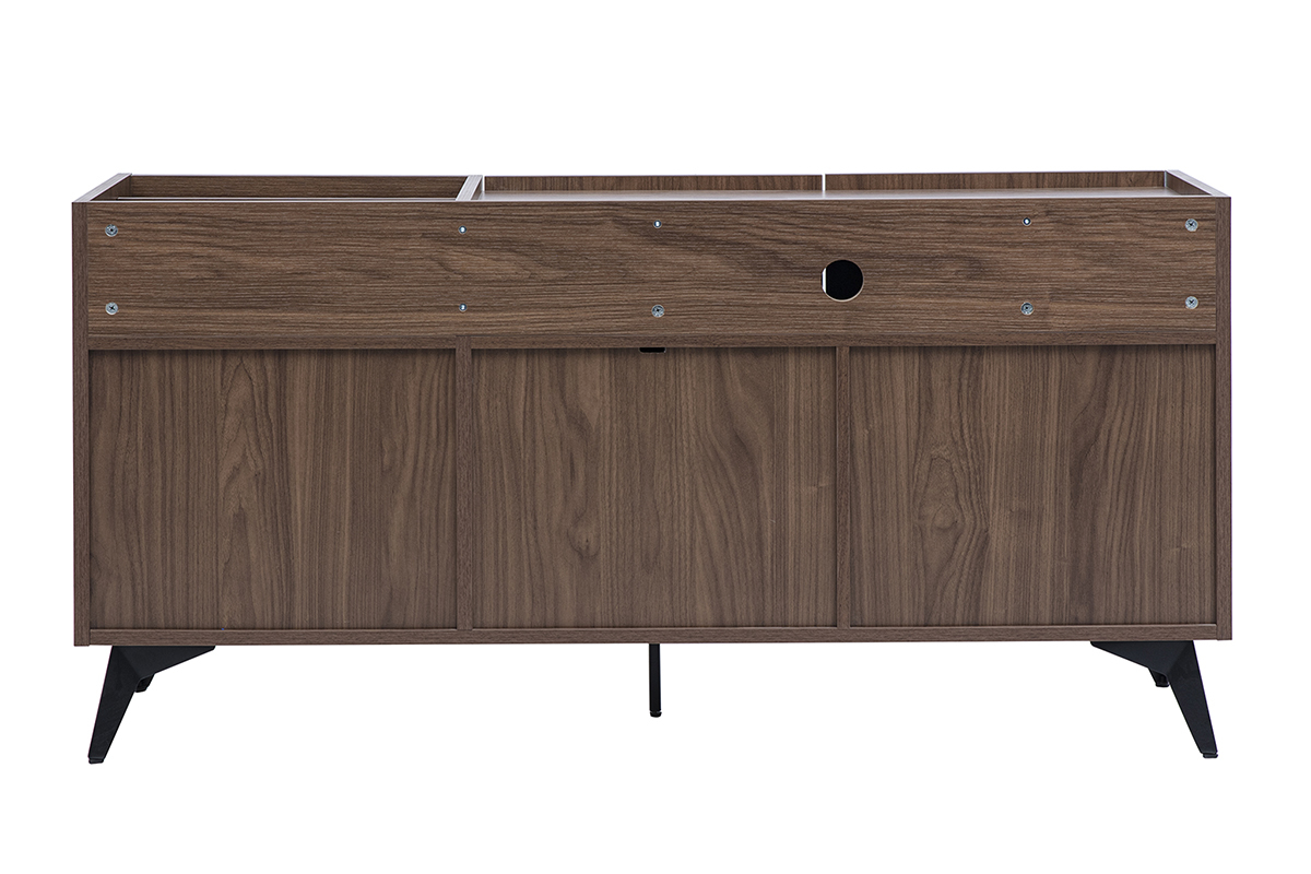 Dunkles Holz Sideboard in Nussbaum-Finish mit schwarzem Metall, R�ckansicht.