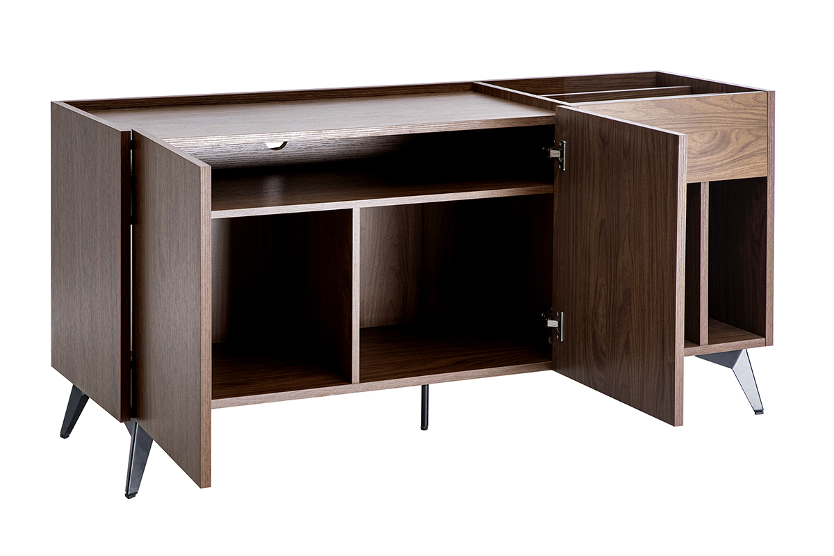 Buffet zur Aufbewahrung von Schallplatten, dunkles Holz, Walnuss-Finish, offene T�ren, schwarze Metallbeine.