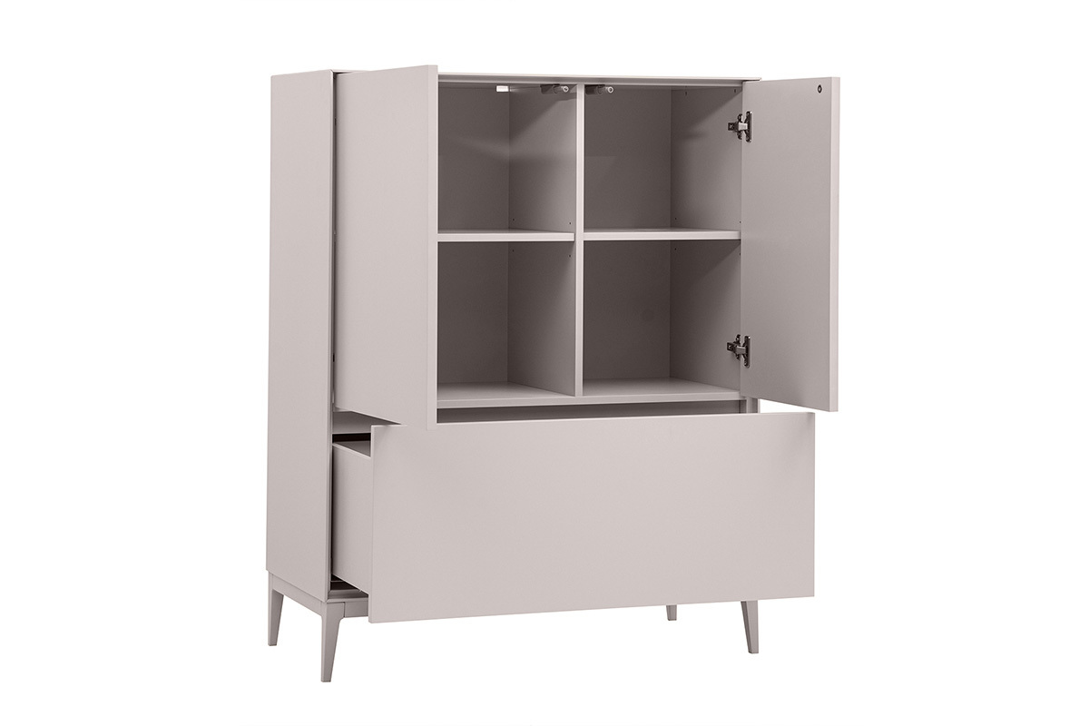 Hohes beigefarbenes matt lackiertes Sideboard mit 2 T�ren und 1 offenem Schublade, 3/4-Ansicht