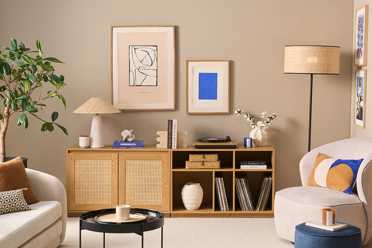 Buffet in heller Eichenholzfertigung mit Rattan-Geflecht 2 T�ren L192 cm SEVILLE