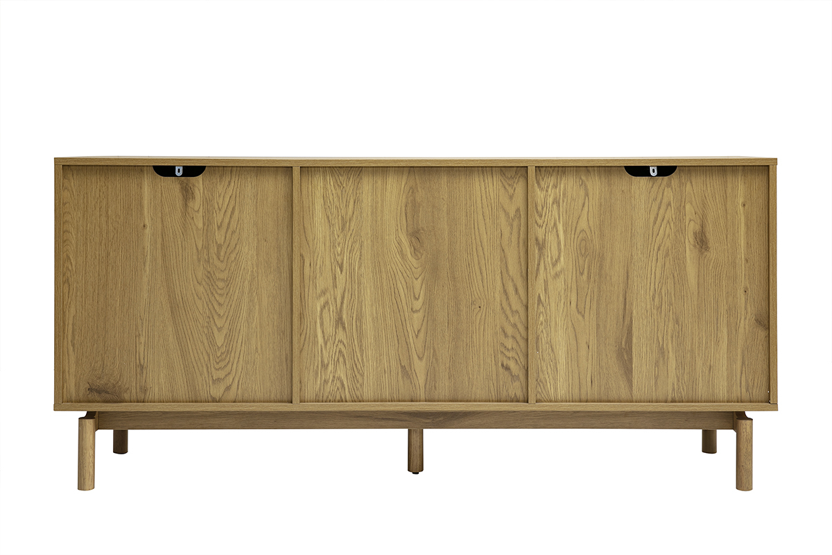 Sideboard aus Eichenholz mit 2 T�ren und 3 Schubladen, R�ckansicht, skandinavischer Stil, 160 cm breit.