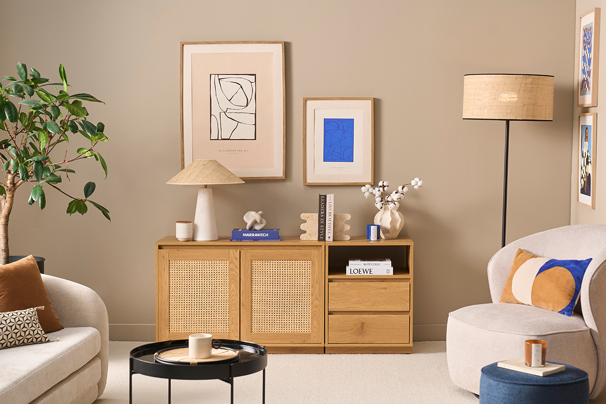 Buffet mit heller Eichenholz-Finish und Rattan-Geflecht 2 T�ren 2 Schubladen L146 cm SEVILLE