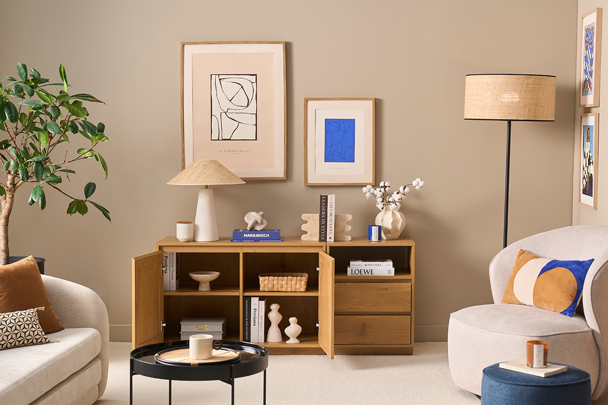 Buffet mit heller Eichenholz-Finish und Rattan-Geflecht 2 T�ren 2 Schubladen L146 cm SEVILLE