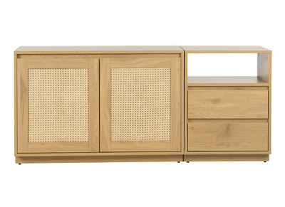 Buffet mit heller Eichenholz-Finish und Rattan-Geflecht 2 T&uuml;ren 2 Schubladen L146 cm SEVILLE