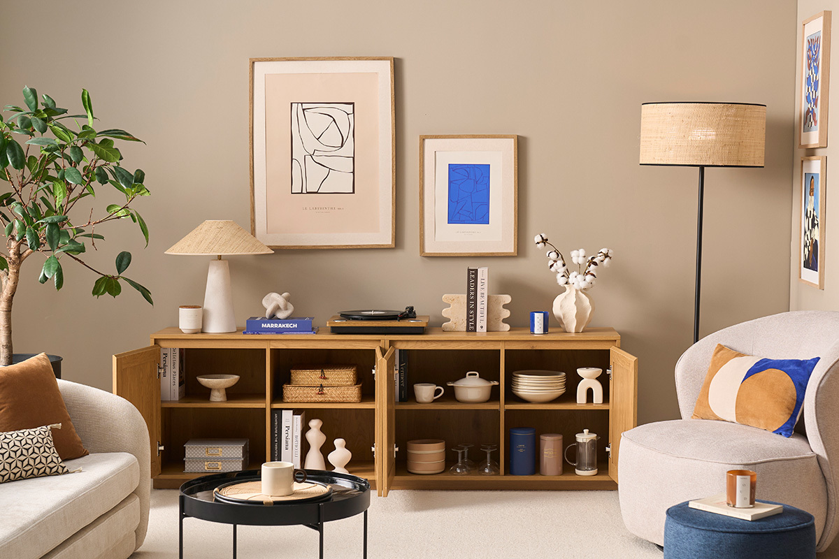 Buffet mit heller Eichenholz-Finish und Rattangeflecht 4 T�ren L192 cm SEVILLE