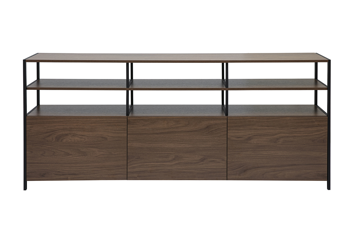 Niedriges Sideboard aus dunklem Walnussholz und schwarzem Metall, Frontansicht, 3 F�cher, offene Regale.