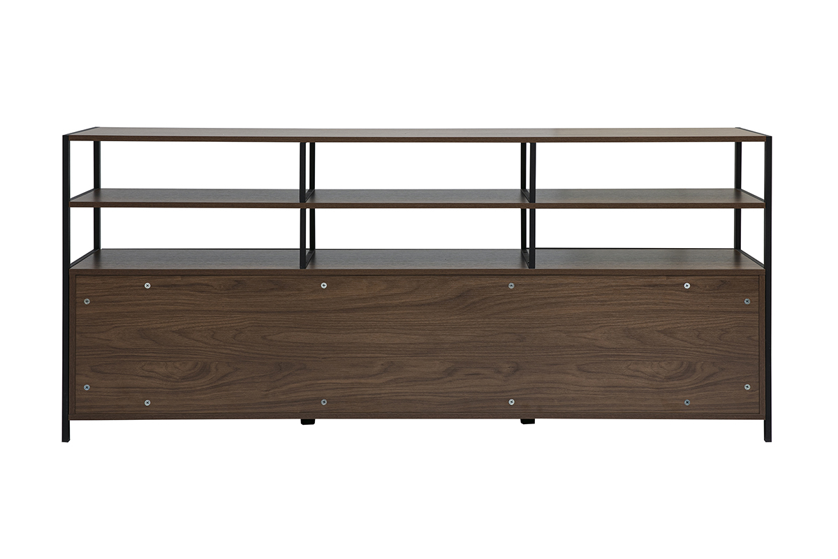 Niedriger dunkelholzfarbener Walnuss-Sideboard und schwarzes Metall mit drei offenen Regalen, R�ckansicht.