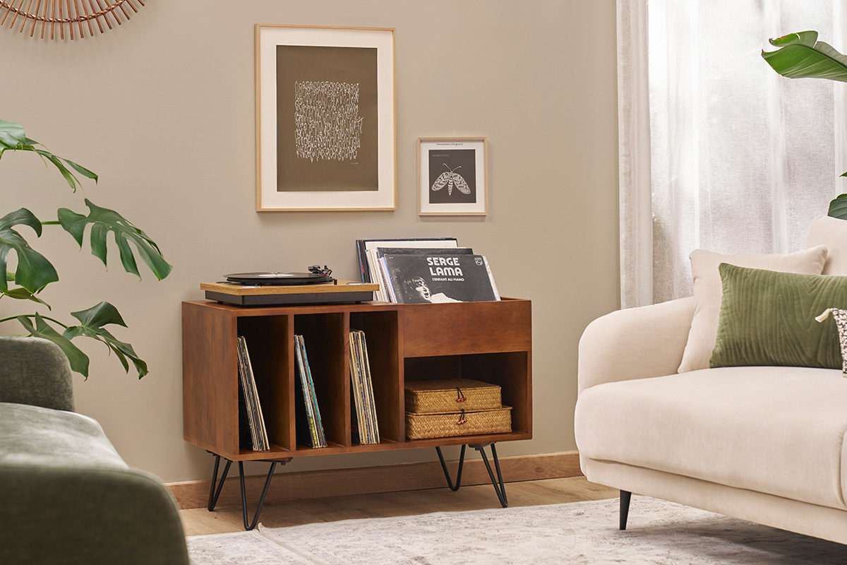 Buffet zur Aufbewahrung von Vinyls aus massivem getntem Mangoholz und Metall L90 cm BOOGIE