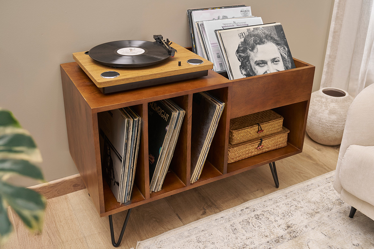 Buffet zur Aufbewahrung von Vinyls aus massivem getntem Mangoholz und Metall L90 cm BOOGIE