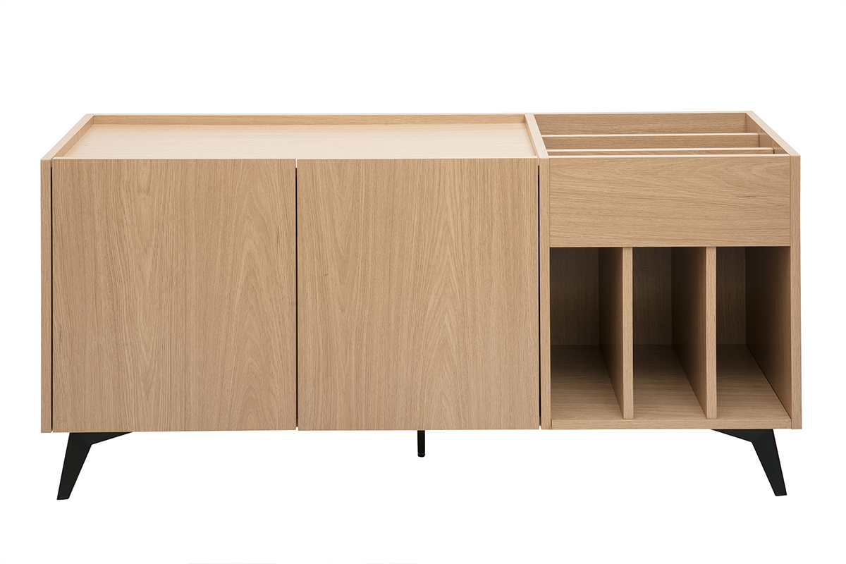 Helles Holz Sideboard Eichenfurnier, schwarzes Metall L140 cm, Vinylfcher, zeitgenssischer Stil.