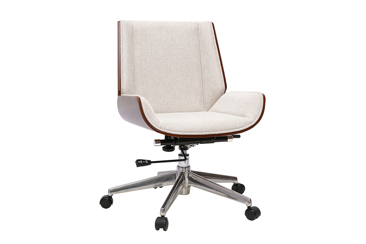 B�rostuhl aus beigem Stoff mit Holzarmlehnen und Stahlf��en, Ansicht von 3/4.