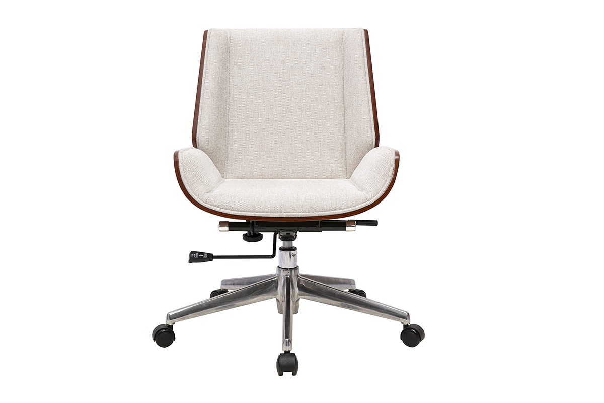 Beiger B�rostuhl mit Rollen in Vorderansicht, Samtoptik-Stoff, dunkles Holz, Sternfu�.