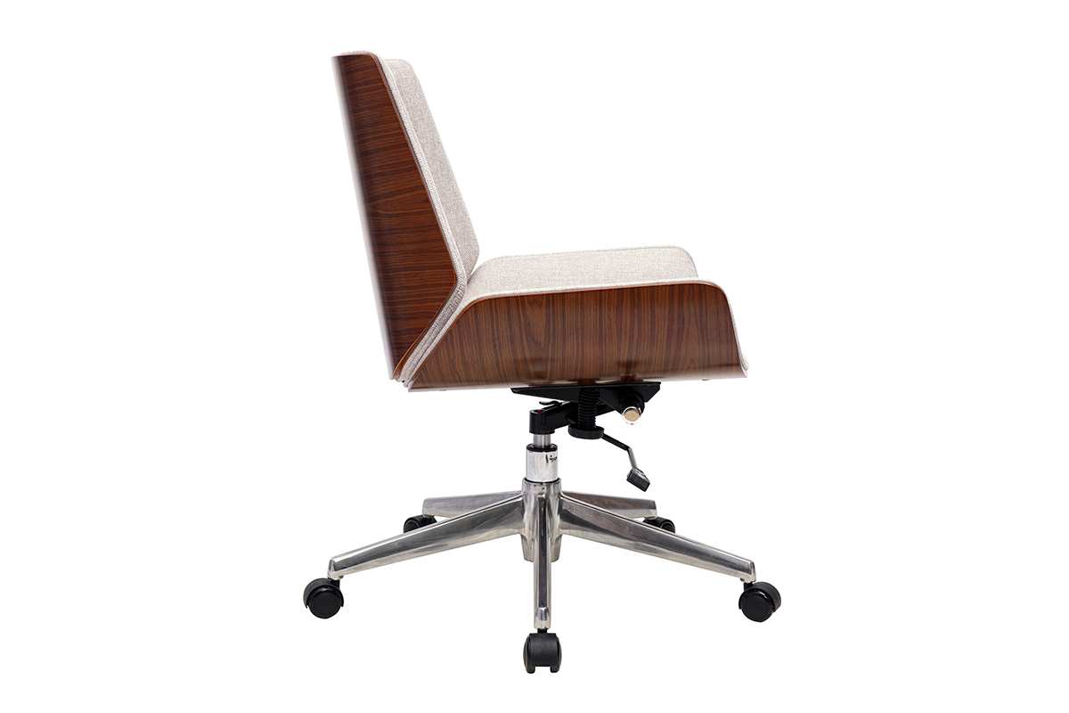 B�rostuhl mit Rollen und gebogener R�ckenlehne, Seitenansicht. Beiger Stoff, dunkles Holz, verchromter Stahl.