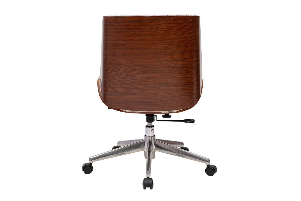 Hintenansicht des dunklen Holzb�rostuhls mit Rollen und Chrombasis.