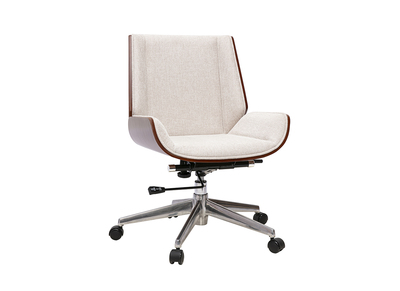 B&uuml;rostuhl auf Rollen Design in strukturiertem Samt-Effekt Stoff beige, dunkles Holz und verchromter Stahl CURVED