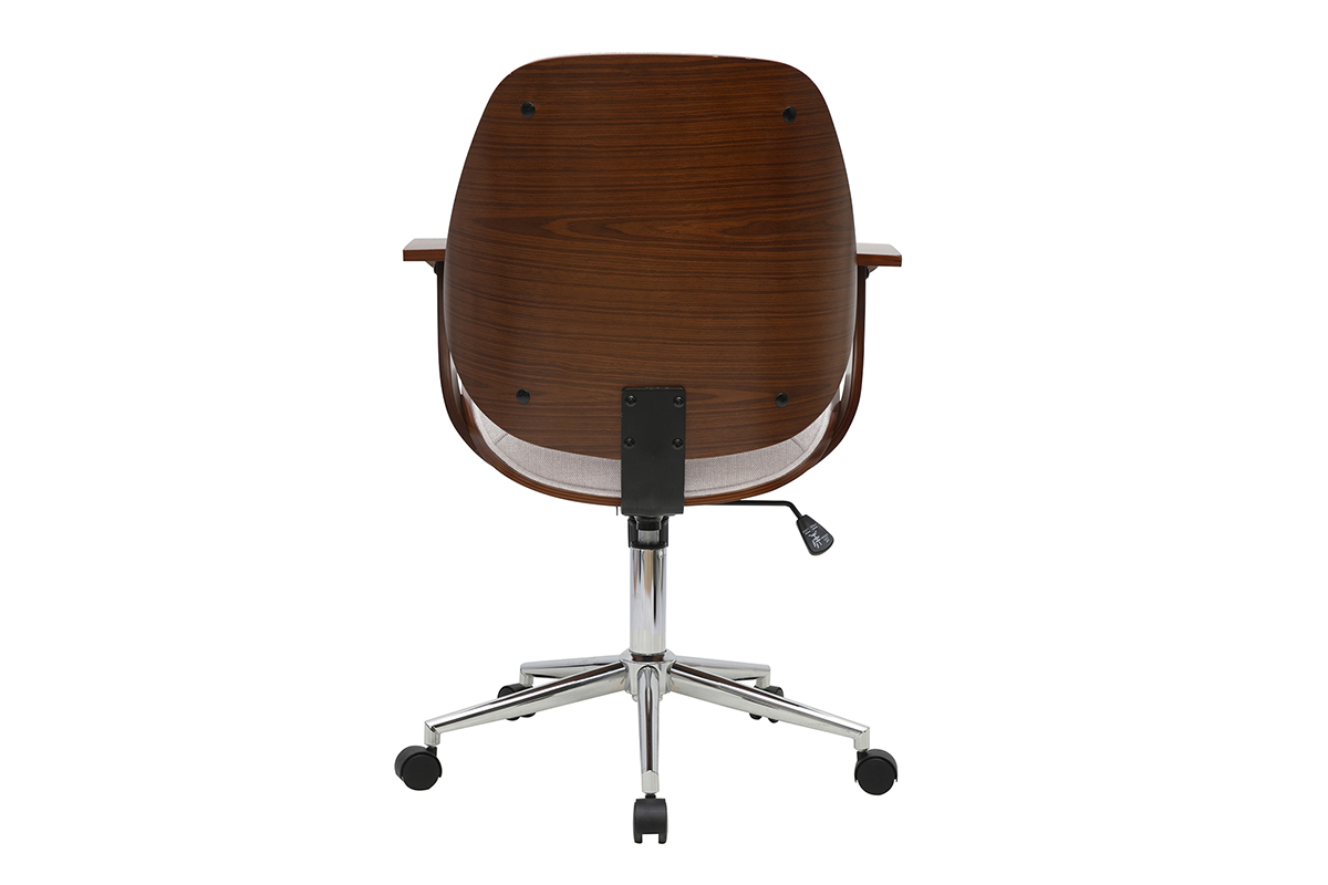 B�rostuhl mit Rollen, R�ckansicht, dunkles Holz und verchromter Stahl.