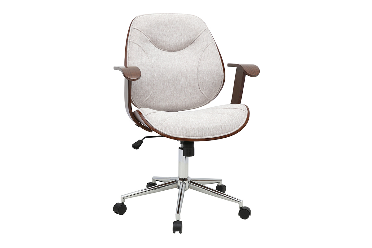 Beiger B�rostuhl auf Rollen aus Stoff und Holz, Ansicht von 3/4.