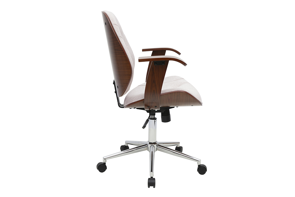 B�rostuhl YORKE beige im Profil, mit Rollen und dunkler Holzstruktur.