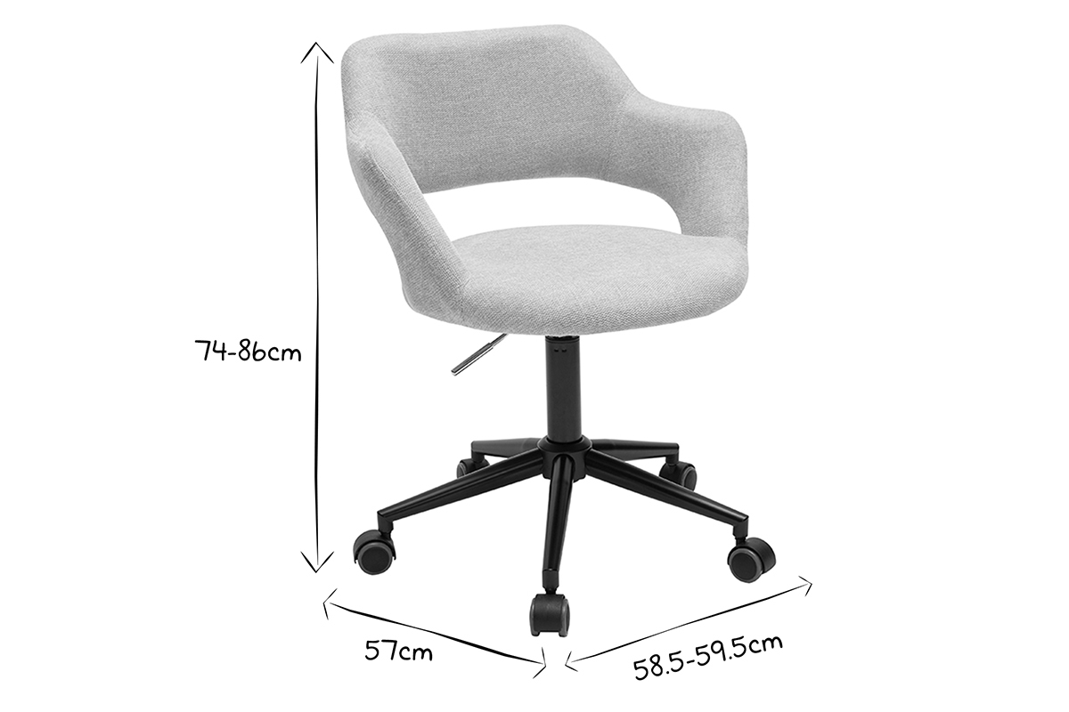 Brostuhl mit Rollen aus Design-Stoff in beigem samtigem Textureffekt und schwarzem Metall JESSY